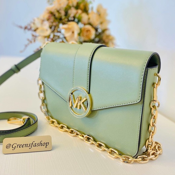 Michael Kors Carmen Medium Monogram Flap Crossbody leather Light Sage - Picture 3 of 9